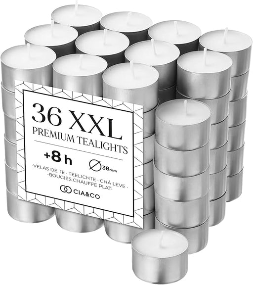 Cia&Co Pack de 36 Velas de Té XXL de 8 Horas de Larga Duración: Velas blancas sin aroma de 100% parafina con mecha de autoapagado para una combustión segura. Cia&Co - frontal