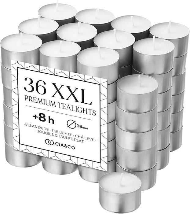 Cia&Co Pack de 36 Velas de Té XXL de 8 Horas de Larga Duración: Velas blancas sin aroma de 100% parafina con mecha de autoapagado para una combustión segura. Cia&Co - frontal