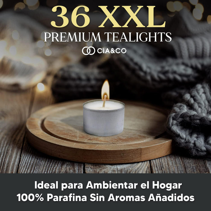 Cia&Co Pack de 36 Velas de Té XXL de 8 Horas de Larga Duración: Velas blancas sin aroma de 100% parafina con mecha de autoapagado para una combustión segura. Cia&Co - ingredientes