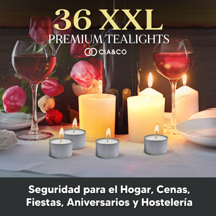 Cia&Co Pack de 36 Velas de Té XXL de 8 Horas de Larga Duración: Velas blancas sin aroma de 100% parafina con mecha de autoapagado para una combustión segura. Cia&Co - lateral