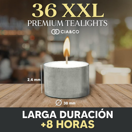 Cia&Co Pack de 36 Velas de Té XXL de 8 Horas de Larga Duración: Velas blancas sin aroma de 100% parafina con mecha de autoapagado para una combustión segura. Cia&Co - pack