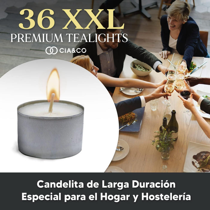 Cia&Co Pack de 36 Velas de Té XXL de 8 Horas de Larga Duración: Velas blancas sin aroma de 100% parafina con mecha de autoapagado para una combustión segura. Cia&Co - presentacion
