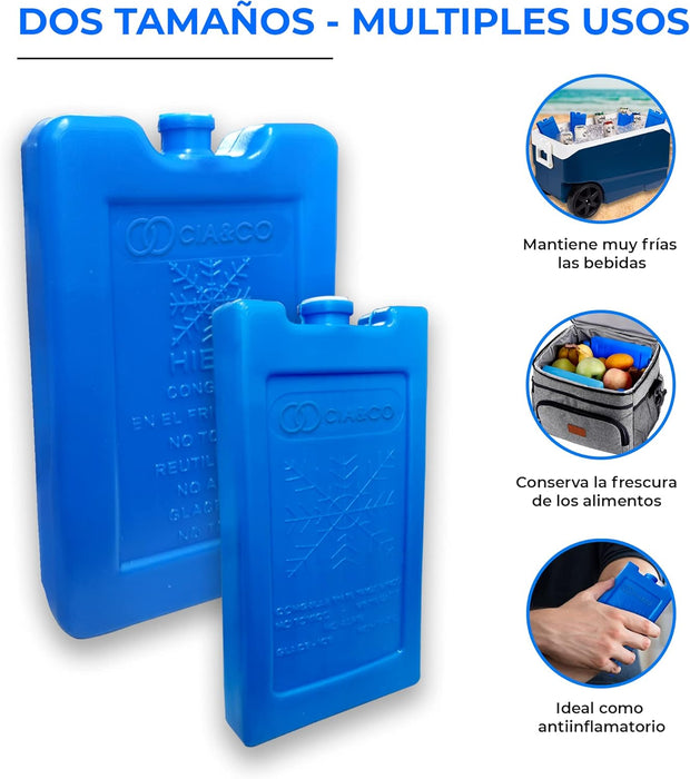 Cia&Co Pack de 4 Acumuladores de Frío Reutilizables. Bloques de hielo de 2x350cc (XL) y 2x200cc (L) para neveras portátiles, bolsas isotérmicas y transporte de alimentos. Cia&Co - ingredientes