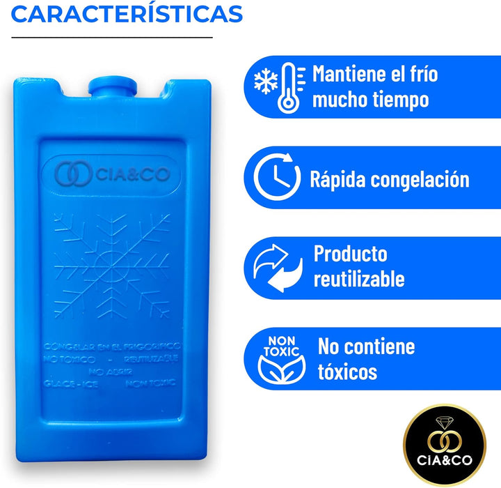 Cia&Co Pack de 4 Acumuladores de Frío Reutilizables. Bloques de hielo de 2x350cc (XL) y 2x200cc (L) para neveras portátiles, bolsas isotérmicas y transporte de alimentos. Cia&Co - lateral
