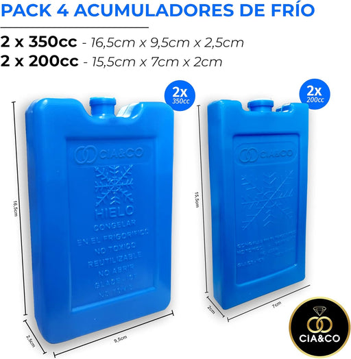 Cia&Co Pack de 4 Acumuladores de Frío Reutilizables. Bloques de hielo de 2x350cc (XL) y 2x200cc (L) para neveras portátiles, bolsas isotérmicas y transporte de alimentos. Cia&Co - pack