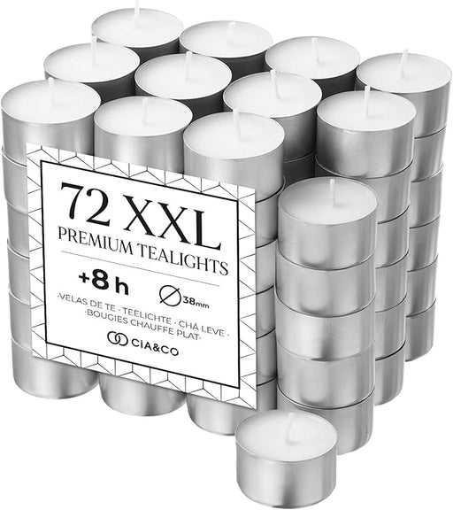 Cia&Co Pack de 72 Velas de Té XXL de 8 Horas de Larga Duración: El formato ideal para usuarios frecuentes, con velas de parafina sin olor y mecha de autoapagado. Cia&Co - frontal