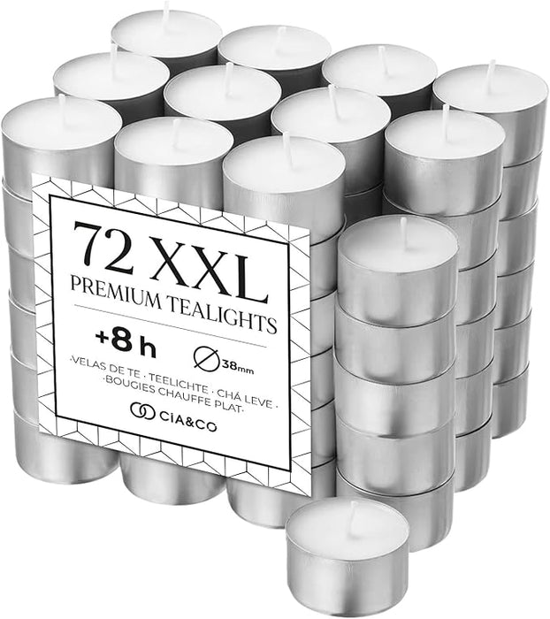 Cia&Co Pack de 72 Velas de Té XXL de 8 Horas de Larga Duración: El formato ideal para usuarios frecuentes, con velas de parafina sin olor y mecha de autoapagado. Cia&Co - frontal