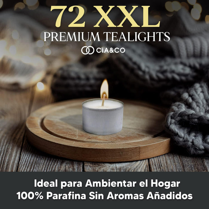 Cia&Co Pack de 72 Velas de Té XXL de 8 Horas de Larga Duración: El formato ideal para usuarios frecuentes, con velas de parafina sin olor y mecha de autoapagado. Cia&Co - ingredientes