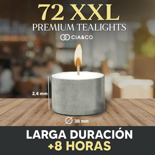 Cia&Co Pack de 72 Velas de Té XXL de 8 Horas de Larga Duración: El formato ideal para usuarios frecuentes, con velas de parafina sin olor y mecha de autoapagado. Cia&Co - pack