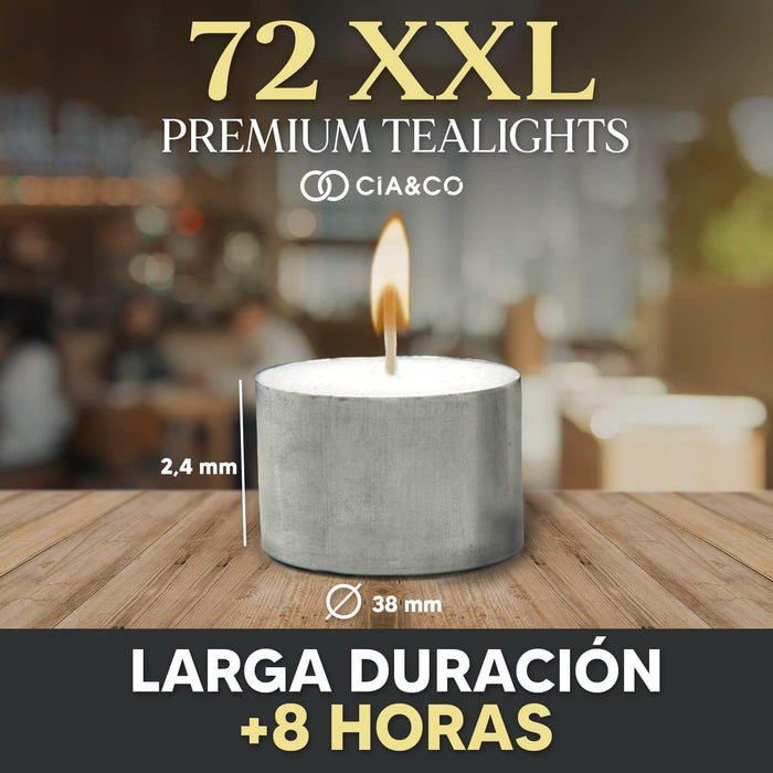 Cia&Co Pack de 72 Velas de Té XXL de 8 Horas de Larga Duración: El formato ideal para usuarios frecuentes, con velas de parafina sin olor y mecha de autoapagado. Cia&Co - pack