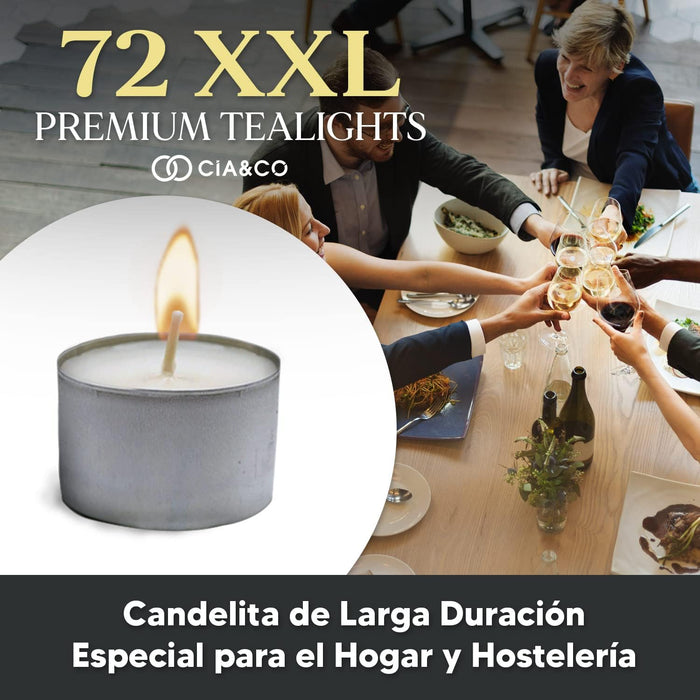 Cia&Co Pack de 72 Velas de Té XXL de 8 Horas de Larga Duración: El formato ideal para usuarios frecuentes, con velas de parafina sin olor y mecha de autoapagado. Cia&Co - presentacion