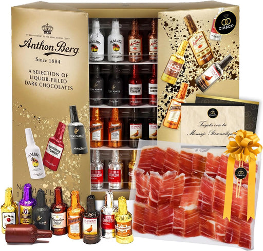 Cia&Co Pack Gourmet: 64 Bombones de Licor Anthon Berg (1kg) y Jamón Serrano Gran Reserva. Un regalo original con caja especial y tarjeta personalizada incluida. Cia&Co - frontal