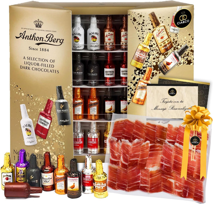 Cia&Co Pack Gourmet: 64 Bombones de Licor Anthon Berg (1kg) y Jamón Serrano Gran Reserva. Un regalo original con caja especial y tarjeta personalizada incluida. Cia&Co - frontal