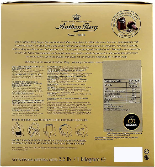 Cia&Co Pack Gourmet: 64 Bombones de Licor Anthon Berg (1kg) y Jamón Serrano Gran Reserva. Un regalo original con caja especial y tarjeta personalizada incluida. Cia&Co - zoom