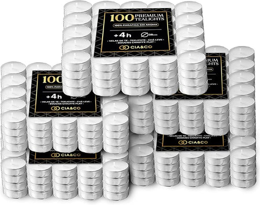 Cia&Co Pack Profesional 500 Velas de Té 4 Horas de Duración. Velas Blancas sin Perfume de 38mm, 100% Parafina, la Mejor Opción para Hostelería, Restaurantes y Grandes Eventos. Cia&Co - frontal