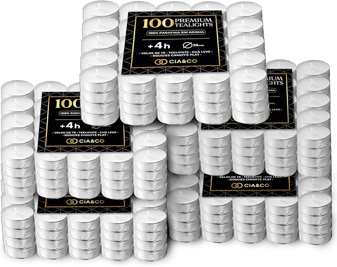 Cia&Co Pack Profesional 500 Velas de Té 4 Horas de Duración. Velas Blancas sin Perfume de 38mm, 100% Parafina, la Mejor Opción para Hostelería, Restaurantes y Grandes Eventos. Cia&Co - frontal
