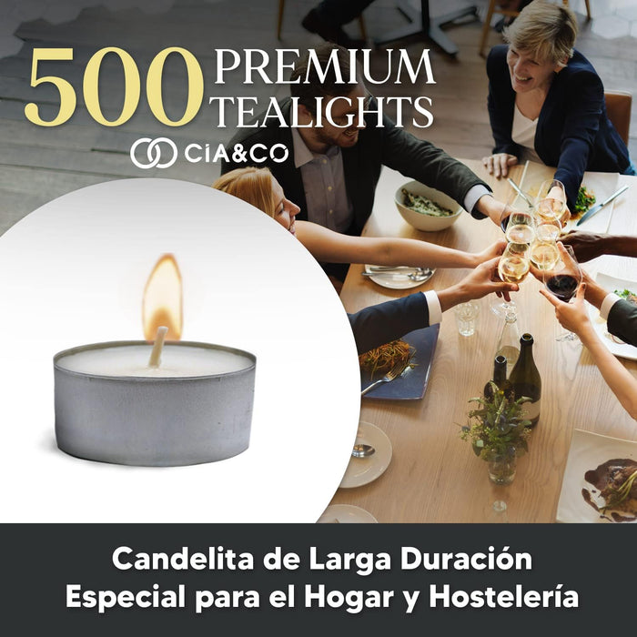 Cia&Co Pack Profesional 500 Velas de Té 4 Horas de Duración. Velas Blancas sin Perfume de 38mm, 100% Parafina, la Mejor Opción para Hostelería, Restaurantes y Grandes Eventos. Cia&Co - lateral