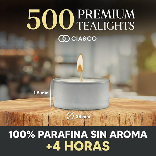 Cia&Co Pack Profesional 500 Velas de Té 4 Horas de Duración. Velas Blancas sin Perfume de 38mm, 100% Parafina, la Mejor Opción para Hostelería, Restaurantes y Grandes Eventos. Cia&Co - pack