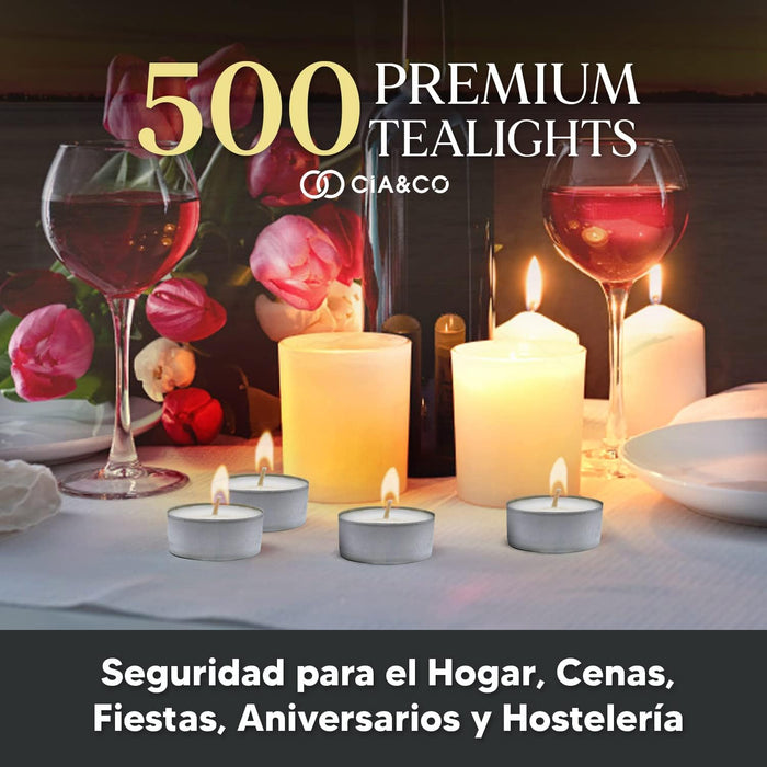 Cia&Co Pack Profesional 500 Velas de Té 4 Horas de Duración. Velas Blancas sin Perfume de 38mm, 100% Parafina, la Mejor Opción para Hostelería, Restaurantes y Grandes Eventos. Cia&Co - uso
