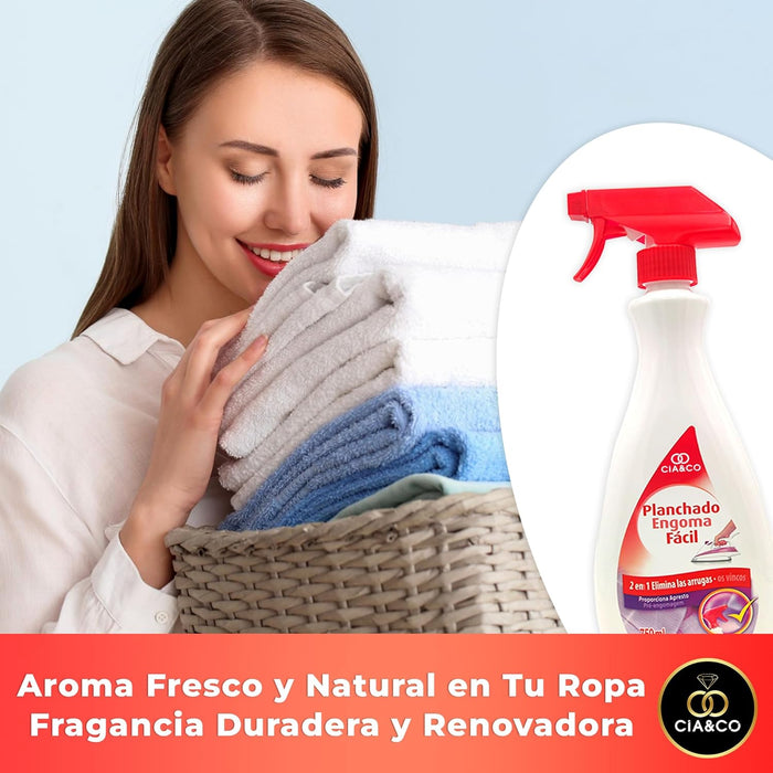Cia&Co Spray Planchado Fácil con Pulverizador (Pack 2x750ml). Antiarrugas para ropa con efecto apresto que elimina arrugas y olores, con o sin plancha. Cia&Co - ingredientes