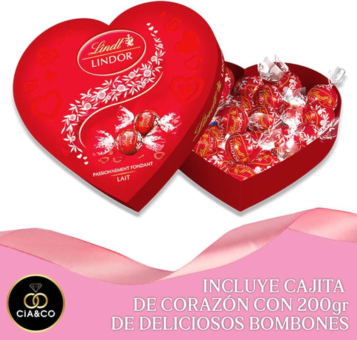 Corazón con 200g de Bombones LINDT LINDOR de Chocolate con Leche. Un regalo para San Valentín con tarjeta personalizada Cia&Co y caja reutilizable en forma de corazón. Cia&Co - extra