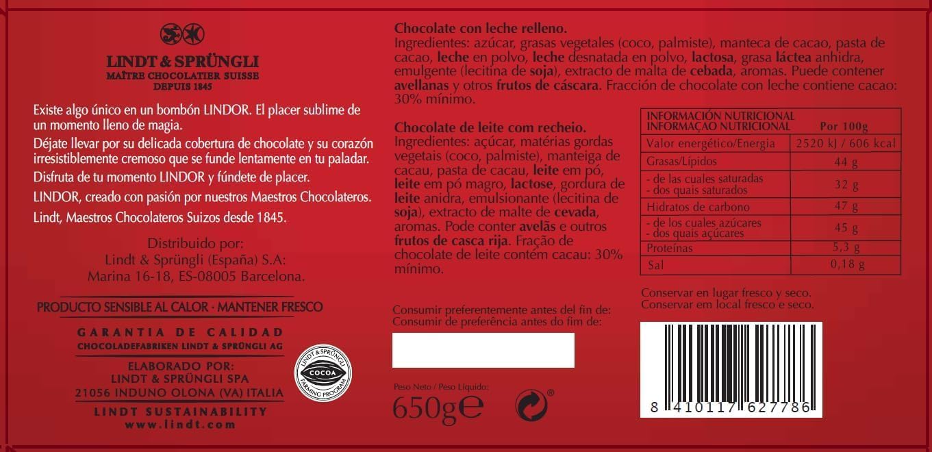 Corazón con 200g de Bombones LINDT LINDOR de Chocolate con Leche. Un regalo para San Valentín con tarjeta personalizada Cia&Co y caja reutilizable en forma de corazón. Cia&Co - ingredientes