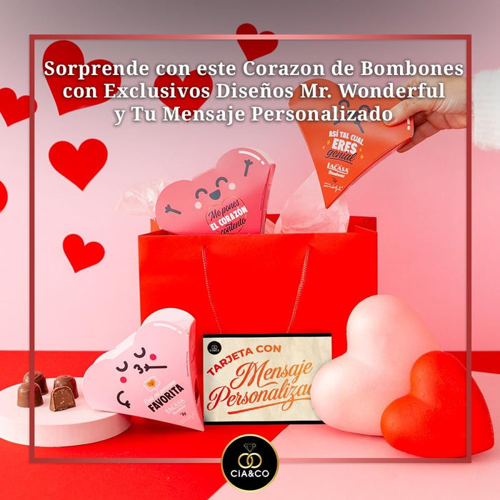Corazón de Bombones LaCasa y Mr. Wonderful. Caja con diseños y mensajes románticos aleatorios. Incluye bombones de chocolate con leche y almendra y tarjeta personalizable Cia&Co. Cia&Co - detalle