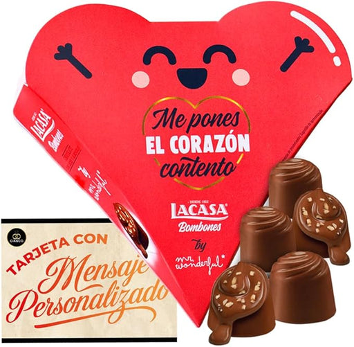 Corazón de Bombones LaCasa y Mr. Wonderful. Caja con diseños y mensajes románticos aleatorios. Incluye bombones de chocolate con leche y almendra y tarjeta personalizable Cia&Co. Cia&Co - frontal