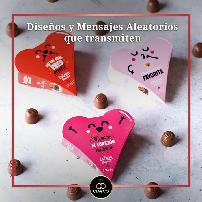 Corazón de Bombones LaCasa y Mr. Wonderful. Caja con diseños y mensajes románticos aleatorios. Incluye bombones de chocolate con leche y almendra y tarjeta personalizable Cia&Co. Cia&Co - uso