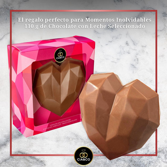 Corazón de Chocolate con Leche 3D Cia&Co, 110g. Figura de diseño geométrico sin gluten ni aceite de palma, con tarjeta personalizable, ideal como regalo para el Día de la Madre. Cia&Co - detalle