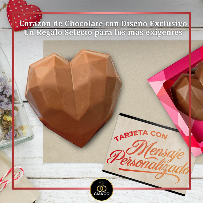 Corazón de Chocolate con Leche 3D Cia&Co, 110g. Figura de diseño geométrico sin gluten ni aceite de palma, con tarjeta personalizable, ideal como regalo para el Día de la Madre. Cia&Co - uso