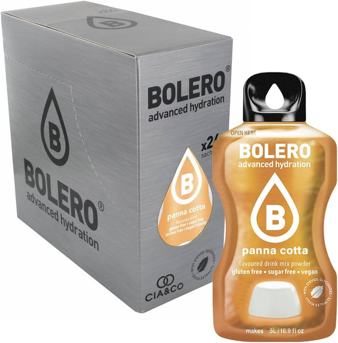 Delicioso pack de 24 sobres de Bebida Bolero sabor Panacota, la forma más dulce de hidratarte sin azúcar. Con Vitamina C y edulcorado con Stevia natural. Cia&Co - extra