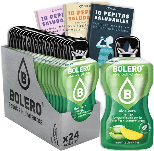 Descubre la fusión tropical perfecta con el pack de 24 sobres de bebida Bolero sabor Aloe Vera Mango. Una opción sin azúcar que te cuida. Incluye 30 Pepitas Saludables Cia&Co. Cia&Co - frontal