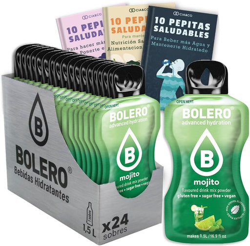 Disfruta del refrescante sabor a Mojito en cualquier momento con este pack de 24 sobres de Bebida Bolero sin azúcar. Incluye 30 Pepitas Saludables para un estilo de vida activo. Cia&Co - frontal