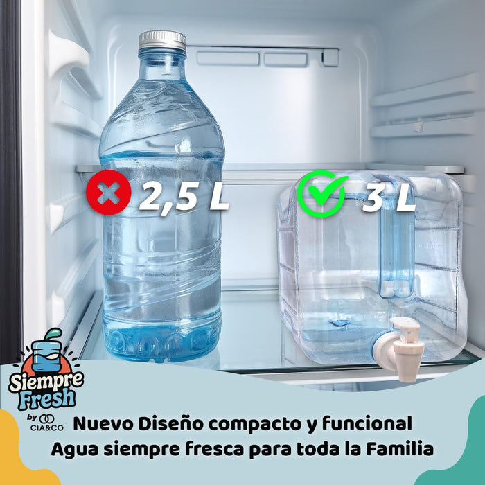 Dispensador de Agua Fría para Nevera 3L Siempre Fresh by Cia&Co. Garrafa compacta con grifo, asa y tapón superior, reutilizable, sin BPA, ideal para casa, camping, oficina y playa. Cia&Co - detalle