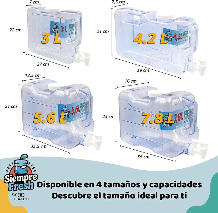 Dispensador de Agua Fría para Nevera 3L Siempre Fresh by Cia&Co. Garrafa compacta con grifo, asa y tapón superior, reutilizable, sin BPA, ideal para casa, camping, oficina y playa. Cia&Co - ingredientes
