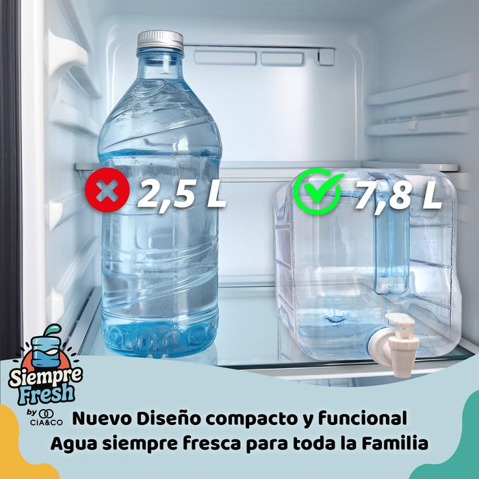Dispensador de Agua Fría para Nevera de Gran Capacidad 7,8 Litros by Cia&Co. Garrafa robusta y reutilizable con grifo doble función, asa de transporte y tapón de llenado rápido. Cia&Co - detalle