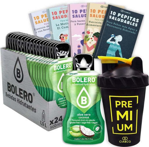 El kit tropical definitivo: 24 sobres de bebida Bolero Aloe Vera Coco sin azúcar, 50 Pepitas Saludables y una botella mezcladora shaker Cia&Co para una preparación perfecta. Cia&Co - frontal