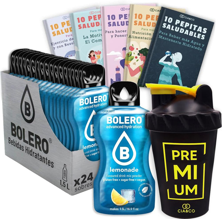 El pack definitivo para los amantes de la limonada: 24 sobres de Bebida Bolero sin azúcar, 50 Pepitas Saludables y una práctica botella mezcladora shaker de 500 ml de Cia&Co. Cia&Co - frontal