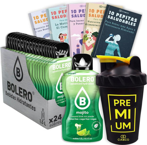 El pack más completo para tus fiestas: 24 sobres de Bebida Bolero sabor Mojito sin azúcar, 50 Pepitas Saludables y una botella mezcladora shaker de 500 ml para preparaciones perfectas. Cia&Co - frontal