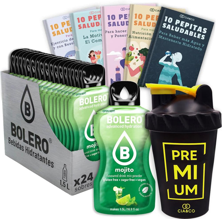 El pack más completo para tus fiestas: 24 sobres de Bebida Bolero sabor Mojito sin azúcar, 50 Pepitas Saludables y una botella mezcladora shaker de 500 ml para preparaciones perfectas. Cia&Co - frontal