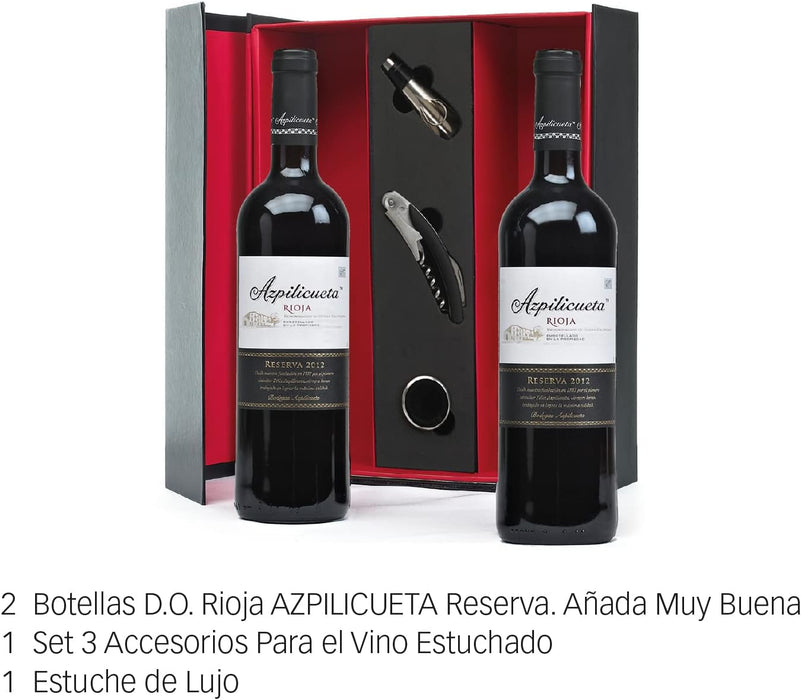 Estuche de Lujo con Vino Azpilicueta Reserva y Accesorios. El regalo perfecto para los amantes del buen vino, con un Rioja Reserva de prestigio y un set de 3 accesorios en un elegante estuche. Cia&Co - uso