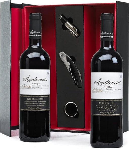 Estuche de Lujo con Vino Azpilicueta Reserva y Accesorios. El regalo perfecto para los amantes del buen vino, con un Rioja Reserva de prestigio y un set de 3 accesorios en un elegante estuche. Cia&Co - frontal
