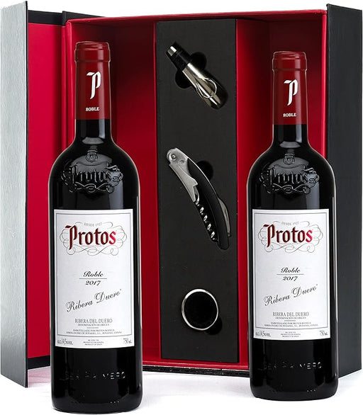 Estuche de Lujo con Vino Protos Roble y Accesorios. El regalo perfecto para los amantes del vino, con un Ribera del Duero de prestigio y un set de 3 accesorios en un elegante estuche. Cia&Co - frontal