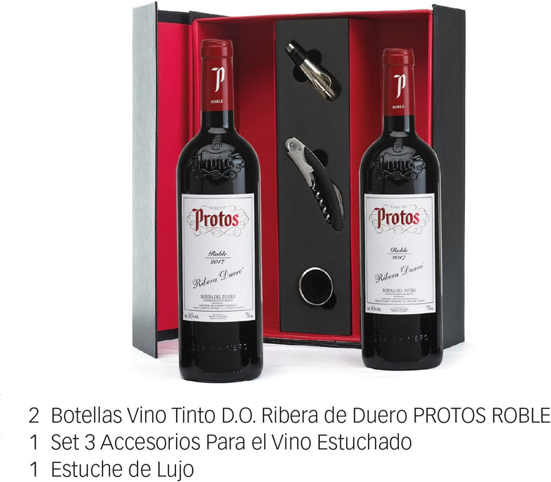Estuche de Lujo con Vino Protos Roble y Accesorios. El regalo perfecto para los amantes del vino, con un Ribera del Duero de prestigio y un set de 3 accesorios en un elegante estuche. Cia&Co - uso