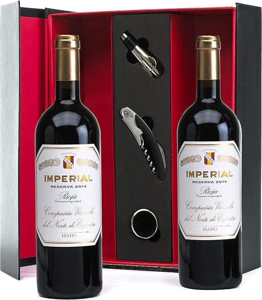 Estuche de Lujo con Vino Rioja Imperial Reserva de CVNE. Un regalo gourmet con una botella de vino emblemático, un set de 3 accesorios y tarjeta personalizada. Cia&Co - frontal