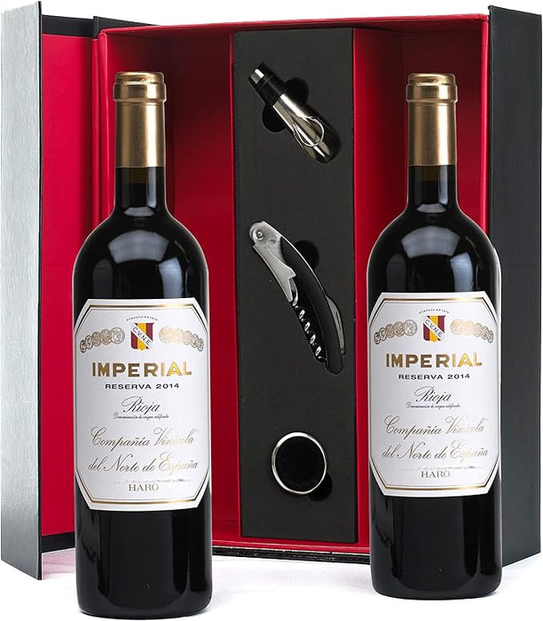 Estuche de Lujo con Vino Rioja Imperial Reserva de CVNE. Un regalo gourmet con una botella de vino emblemático, un set de 3 accesorios y tarjeta personalizada. Cia&Co - frontal