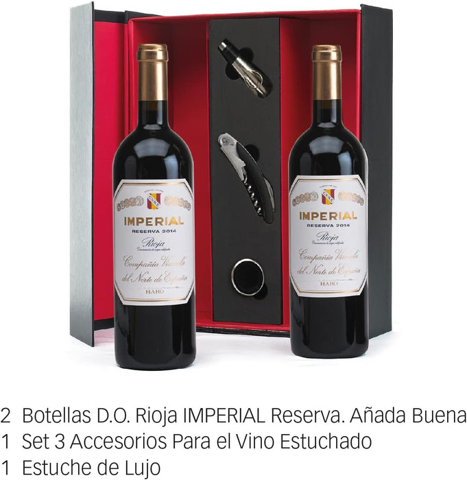 Estuche de Lujo con Vino Rioja Imperial Reserva de CVNE. Un regalo gourmet con una botella de vino emblemático, un set de 3 accesorios y tarjeta personalizada. Cia&Co - uso