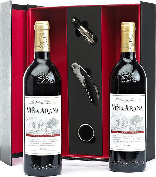 Estuche de Lujo con Vino Rioja Viña Arana Gran Reserva. Un regalo gourmet que incluye una botella de vino tinto y un set de 3 accesorios, con tarjeta personalizada. Cia&Co - frontal