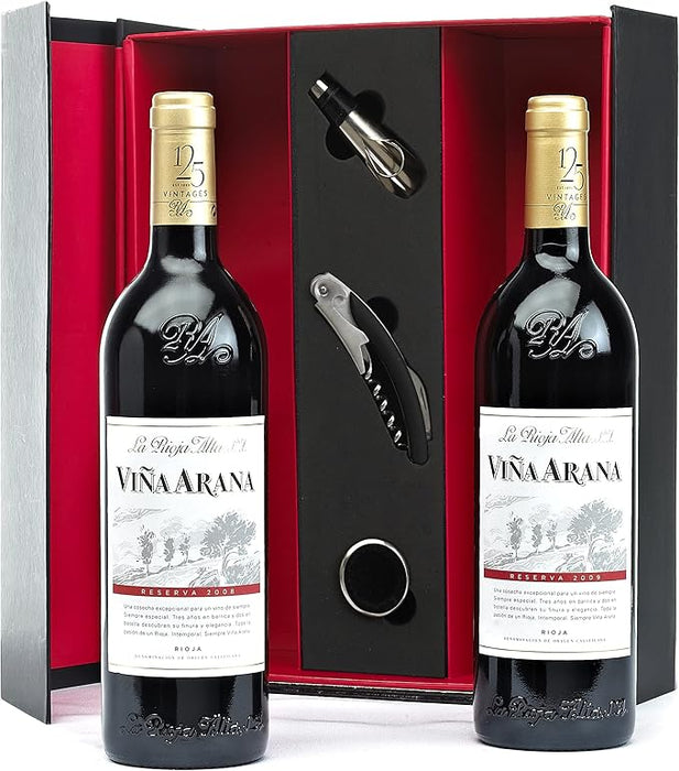 Estuche de Lujo con Vino Rioja Viña Arana Gran Reserva. Un regalo gourmet que incluye una botella de vino tinto y un set de 3 accesorios, con tarjeta personalizada. Cia&Co - frontal